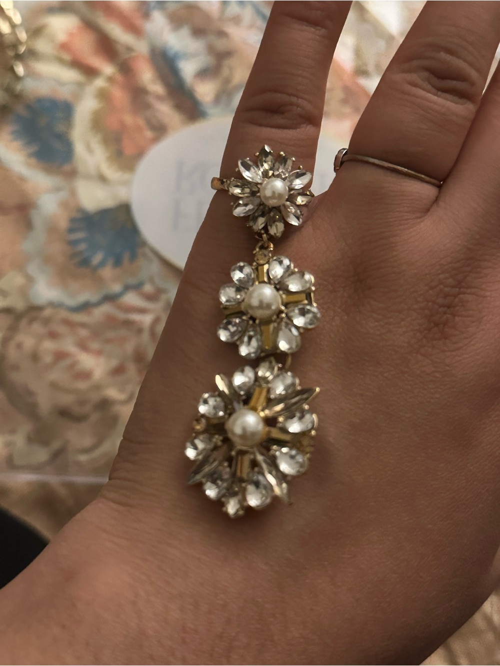 Gold Pearl & Crystal Floral Drop ring - White Pearls